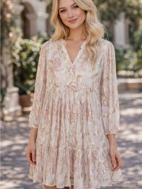 Lilly Pulitzer Sarita SilkDress. Cream Dress with Pink and Gold Metallic Accents
